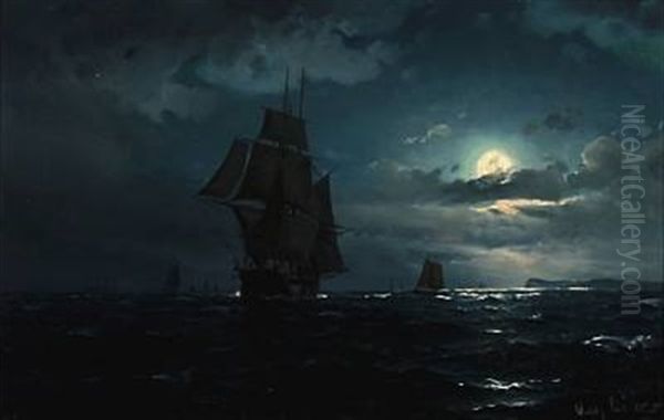 Seascape With Sailing Ships In Moonlight Oil Painting by Vilhelm Victor Bille