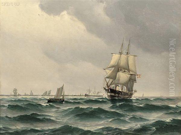 Two-masted Clipper Ship On The Sea Oil Painting by Vilhelm Victor Bille