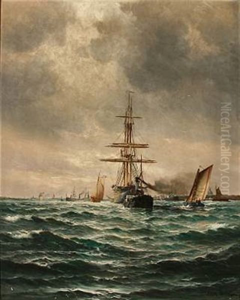 A Tug Towing A Large Sailing Ship Out Of Copenhagen Harbour Oil Painting by Vilhelm Victor Bille