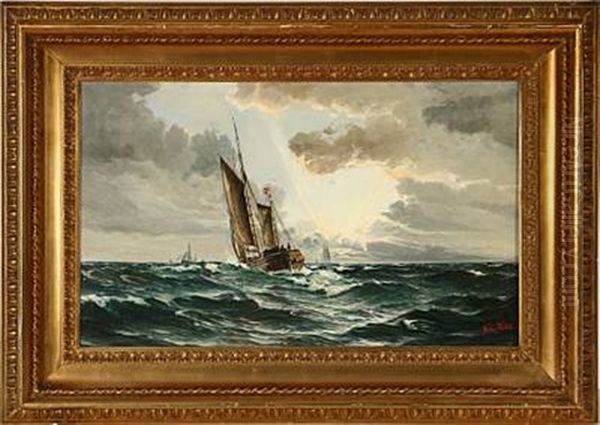 Seascape With Several Ships On Open Sea At Sunset Oil Painting by Vilhelm Victor Bille