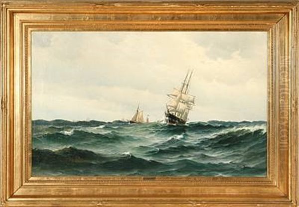 Marine With The Frigate Jylland On Open Sea Oil Painting by Vilhelm Victor Bille