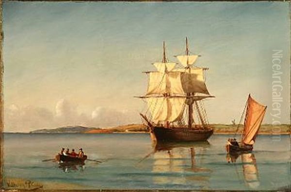 Seascape With Sailing Ships And Rowing Boat Oil Painting by Vilhelm Victor Bille