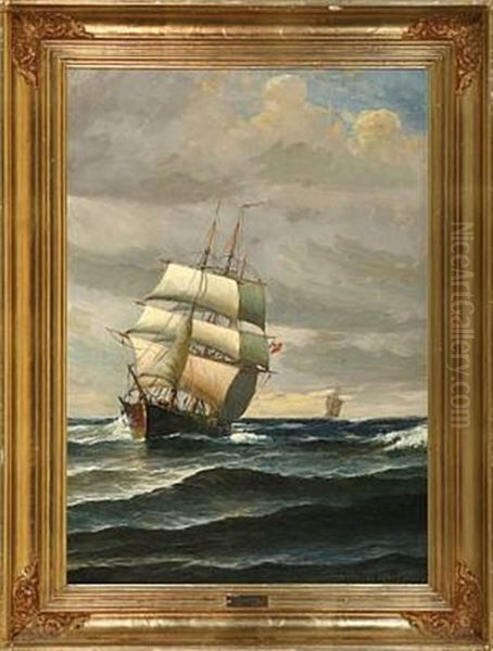 Marine With Saling Ship On Sea Oil Painting by Vilhelm Victor Bille