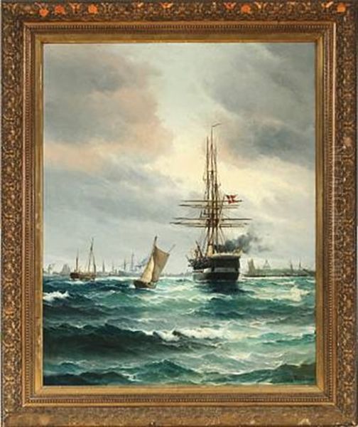 Harbour Scene From Copenhagen With The Frigate Jylland by Vilhelm Victor Bille