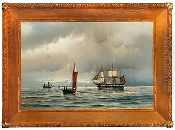 Marine With The Danish Frigate Jylland On Open Sea In Calm Evening Weather Oil Painting by Vilhelm Victor Bille