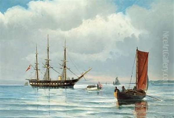 The Frigate Jylland And Fishing Boats Off The Coast Oil Painting by Vilhelm Victor Bille