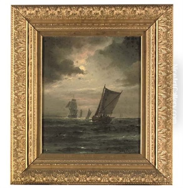 A Sailing Boat In A Gathering Storm, A Frigate And Other Boats Beyond Oil Painting by Vilhelm Victor Bille