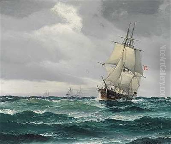 Marine Med Skibe Pa Havet Oil Painting by Vilhelm Victor Bille