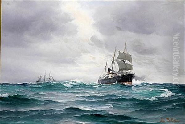 A Sailing Steamer In Rough Waters Oil Painting by Vilhelm Victor Bille