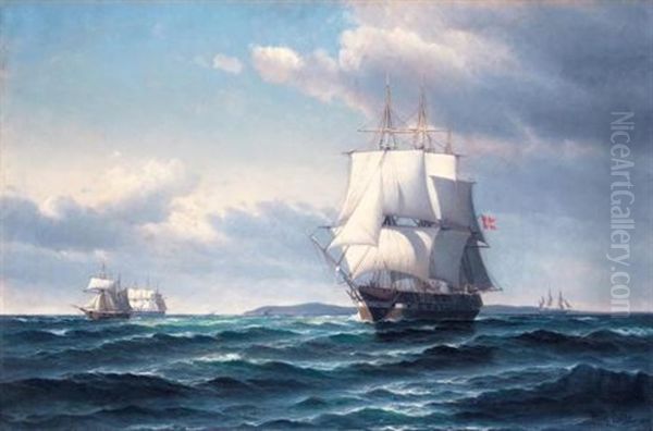 A Danish Frigate Off The Coast Oil Painting by Vilhelm Victor Bille