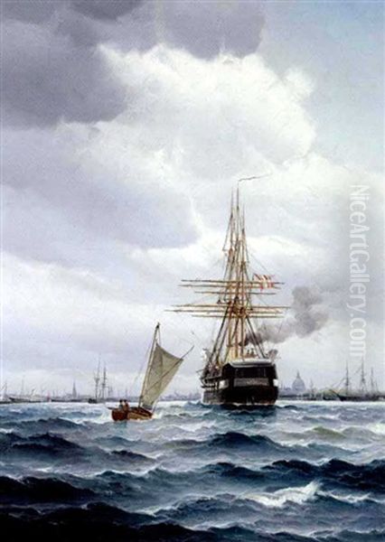 Marine Med Livlig Trafik Ud For Kobenhavn Oil Painting by Vilhelm Victor Bille