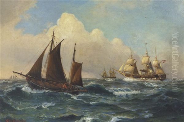 Fregat Og Fiskekutter Pa Havet Oil Painting by Vilhelm Victor Bille