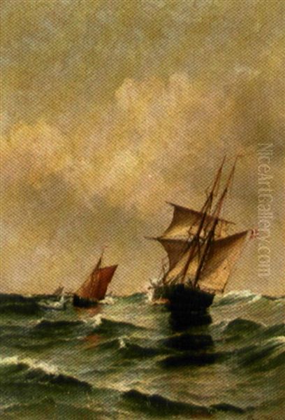 Marine Med Sejlskibe Pa Havet Oil Painting by Vilhelm Victor Bille