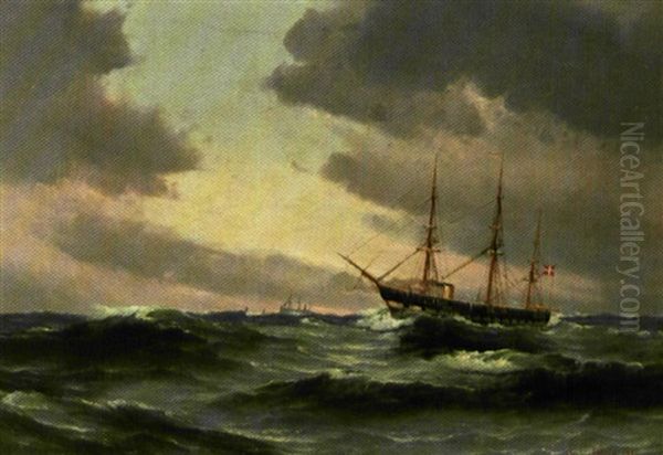 Marine Med Fregat Og Skibe Pa Havet Oil Painting by Vilhelm Victor Bille