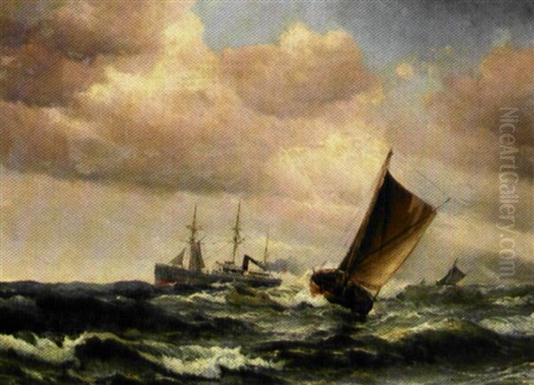 Marine Med Fiskerbade Og Dansk Dampskib I Hoj So Oil Painting by Vilhelm Victor Bille