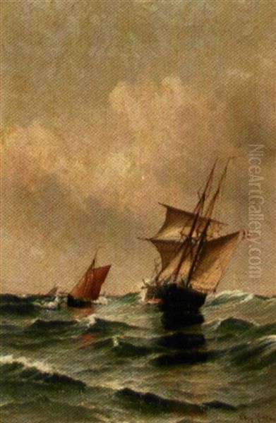 Marine Med Sejlskibe Pa Havet Oil Painting by Vilhelm Victor Bille