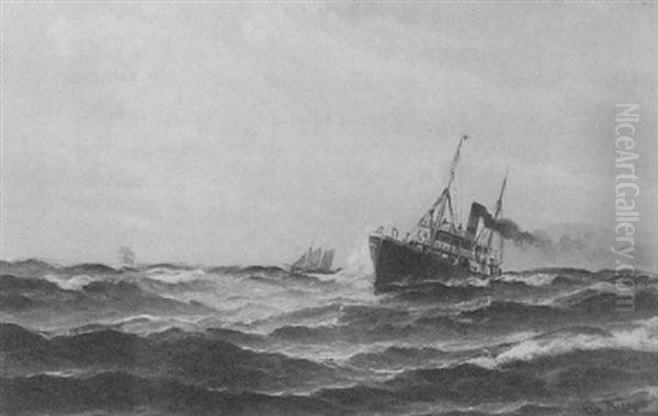 Single Screw Steam Vessel In A Choppy Sea Oil Painting by Vilhelm Victor Bille