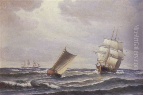 Marine Med Sejlskibe Oil Painting by Vilhelm Victor Bille