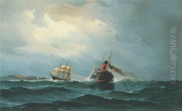 A Danish Paddle Steamer And A Three-masted Barque Passing In The Channel Oil Painting by Vilhelm Victor Bille