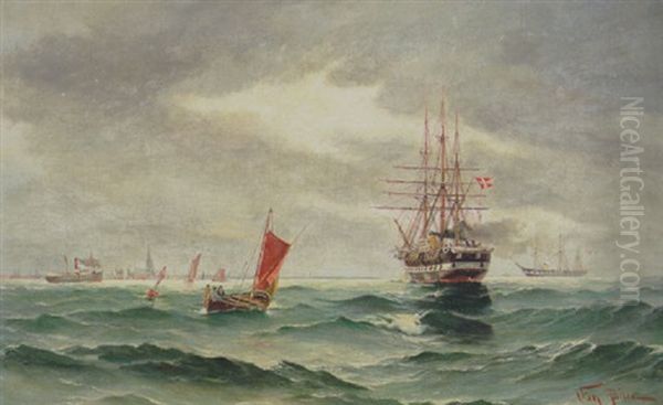 Marine Med Skibe Ud For By Ved Kysten Oil Painting by Vilhelm Victor Bille