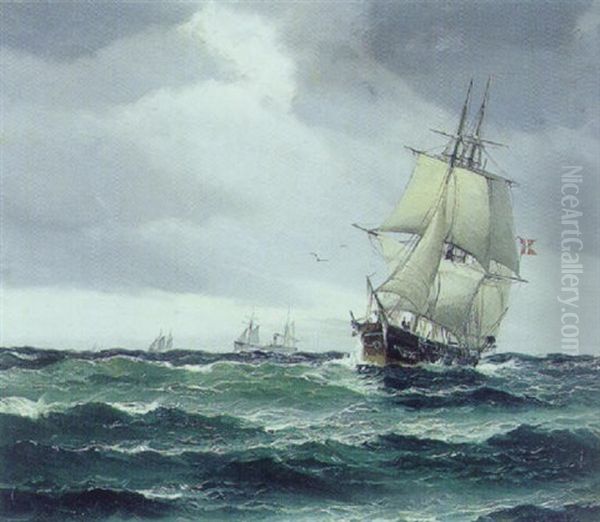 Marine Med Skibe Pa Havet Oil Painting by Vilhelm Victor Bille