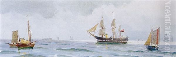 Marine Med Sejlskibe Oil Painting by Vilhelm Victor Bille