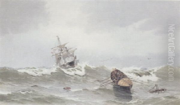 Redningsbaden Kommer Et Sejlskib Med Knaekket Mast Til Undsaetning Oil Painting by Vilhelm Victor Bille