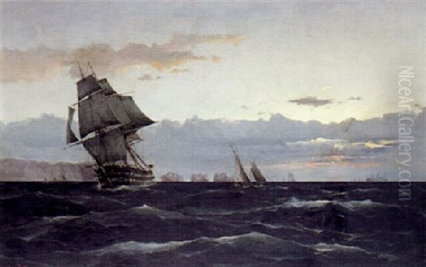 Marine Med Skibe Ud For Kysten Oil Painting by Vilhelm Victor Bille