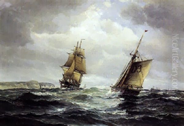 Marine Med Sejlskibe Og Fiskekutter Ud For Stejle Skraenter Oil Painting by Vilhelm Victor Bille