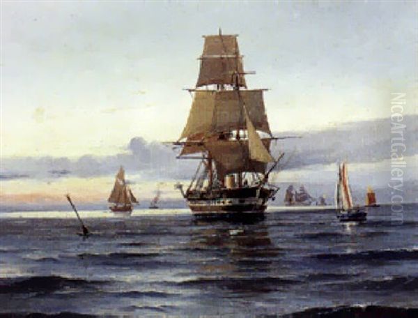 Marine Med Fregat, Stille Fejr Oil Painting by Vilhelm Victor Bille