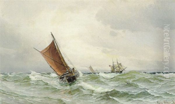 Marine Med Skibe Pa Havet Oil Painting by Vilhelm Victor Bille