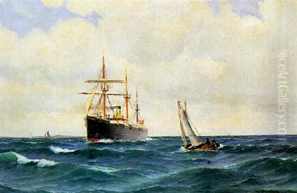 Marine Med Dampskib Fra Det Ostasiatiske Kompagni Og Jolle, Antagelig I Oresund Oil Painting by Vilhelm Victor Bille