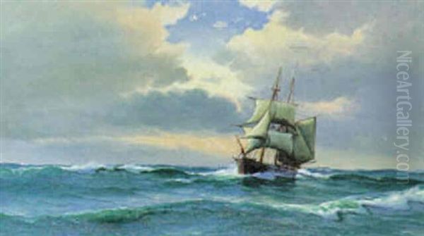 Marine Med Sejlskibe I Solnedgangen Oil Painting by Vilhelm Victor Bille