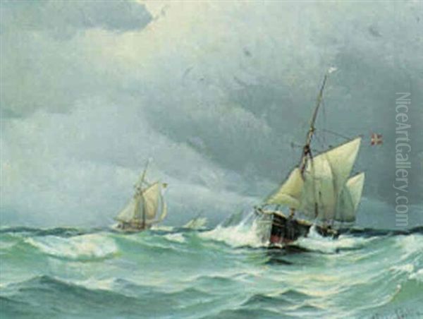 Marine Med Fiskerbade Oil Painting by Vilhelm Victor Bille