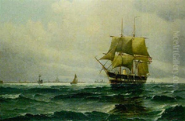 A Three-masted Barque And Other Shipping With Copenhagen Beyond Oil Painting by Vilhelm Victor Bille