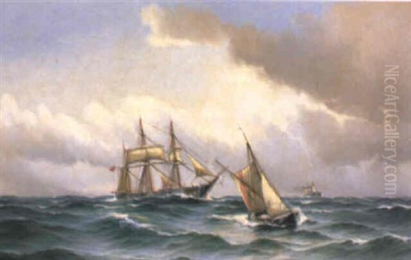 Marine Med Tre Skibe Pa Havet Oil Painting by Vilhelm Victor Bille