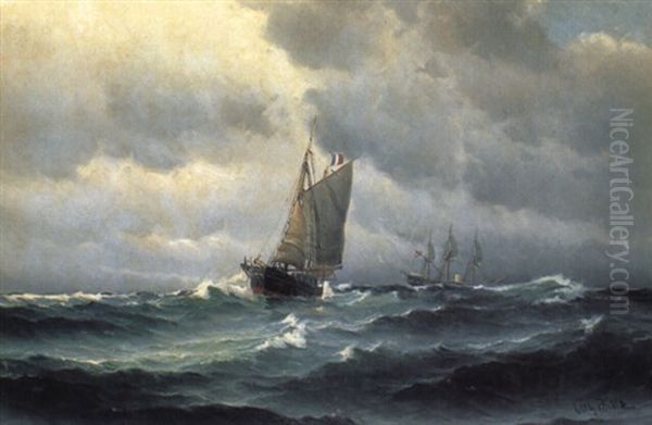 Marine Med Fransk Og Dansk Fiskekutter Oil Painting by Vilhelm Victor Bille