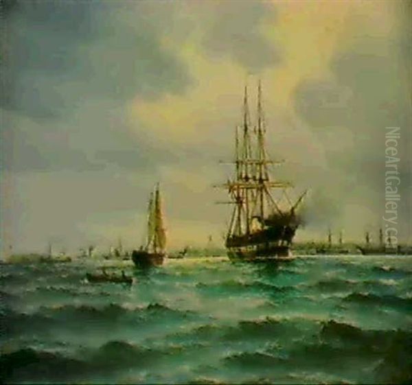 Fregatten Jylland Star Ud Fra                               Kobenhavns Havn Oil Painting by Vilhelm Victor Bille