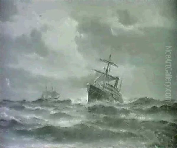 Marine Med Dampskib Og Sejler Oil Painting by Vilhelm Victor Bille