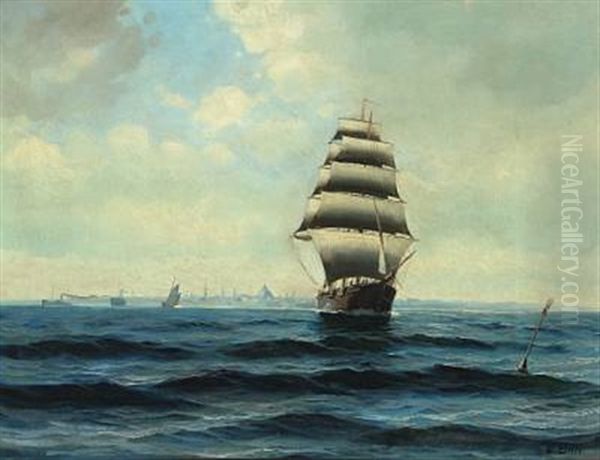 Seascape With Sailing Ships Off Copenhagen Oil Painting by Willy Bille