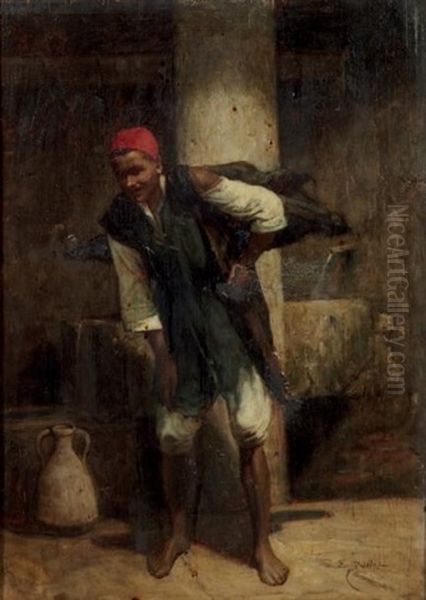 Porteur D'eau A La Chechia Rouge Water Bearer With A Red Chechia Oil Painting by Etienne Billet