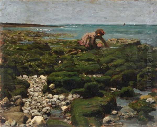 Kleine Krabbenfischerin Am Strand Von Yport (?), Normandie Oil Painting by Pierre Billet