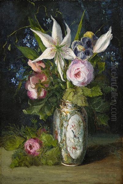 Blomsterstilleben Med Rosor, Forgatmigej (myosotis Scorpioides) Och Vita Madonnaliljor (lilium Candidum) I Kinesisk Vas Oil Painting by Anna Billing