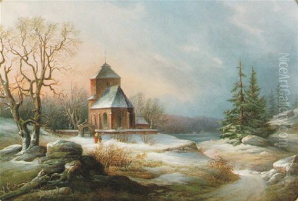 Vintermotiv Med Figurer Vid Kyrka, Aftonrodnad Oil Painting by Lars Theodor Billing