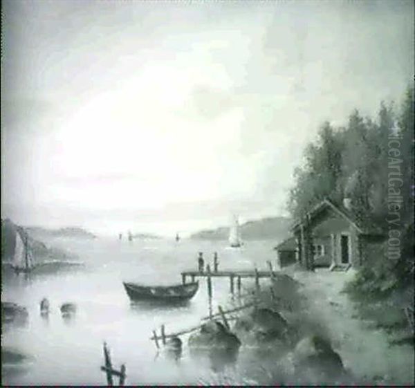 Insjovik Med Stuga Och Batar Oil Painting by Lars Theodor Billing