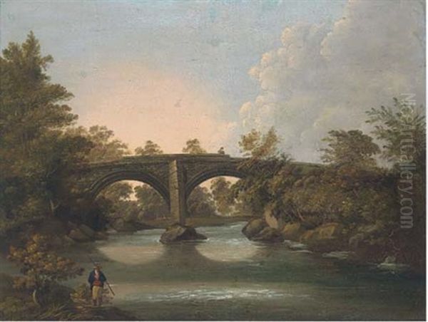 A Figure Fishing On A River, With A Bridge Beyond Oil Painting by Horace W. Billington