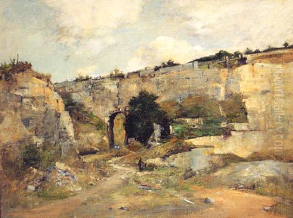 Ancient Stone Quarry With Tunnel, Stone Bridges Beyond Oil Painting by Rene Billotte