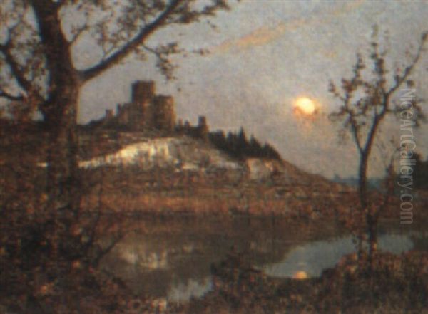 A Castle On A Hillside By Moonlight Oil Painting by Rene Billotte