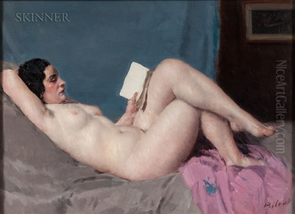 Reclining Nude With Book Oil Painting by Louis Francois Biloul