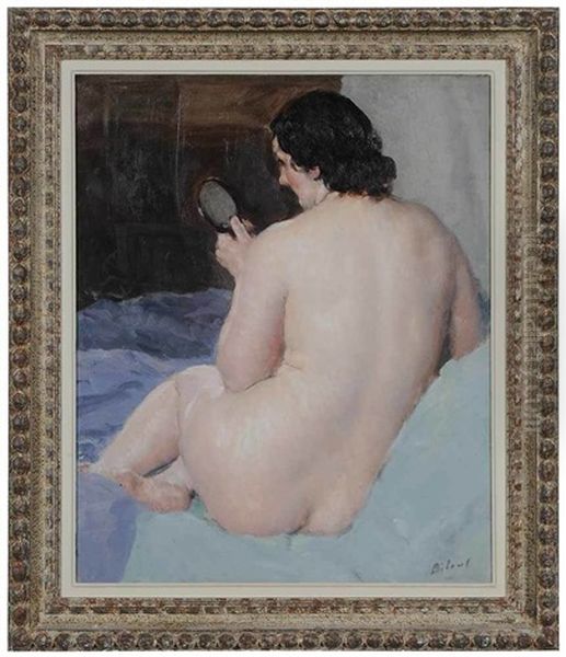 Nude Holding Mirror Oil Painting by Louis Francois Biloul